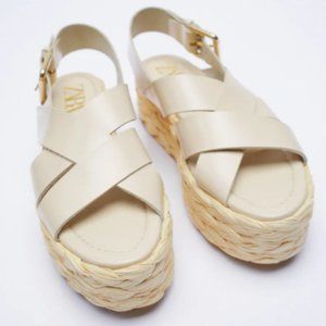 NWT Zara Woven Chunky Leather Raffia Rattan Platform Sandals